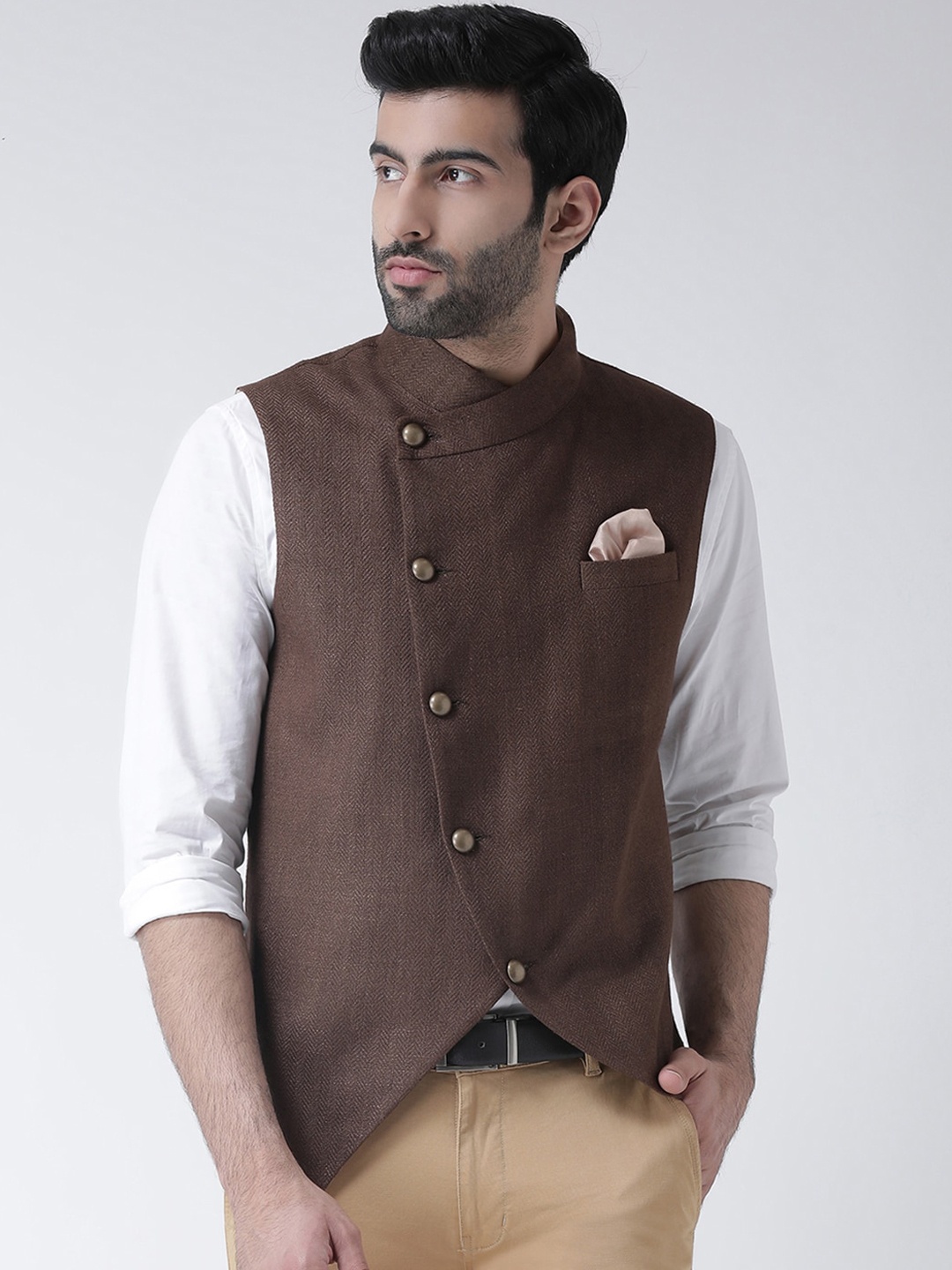 

KISAH Men Brown Solid Woven Nehru Jacket