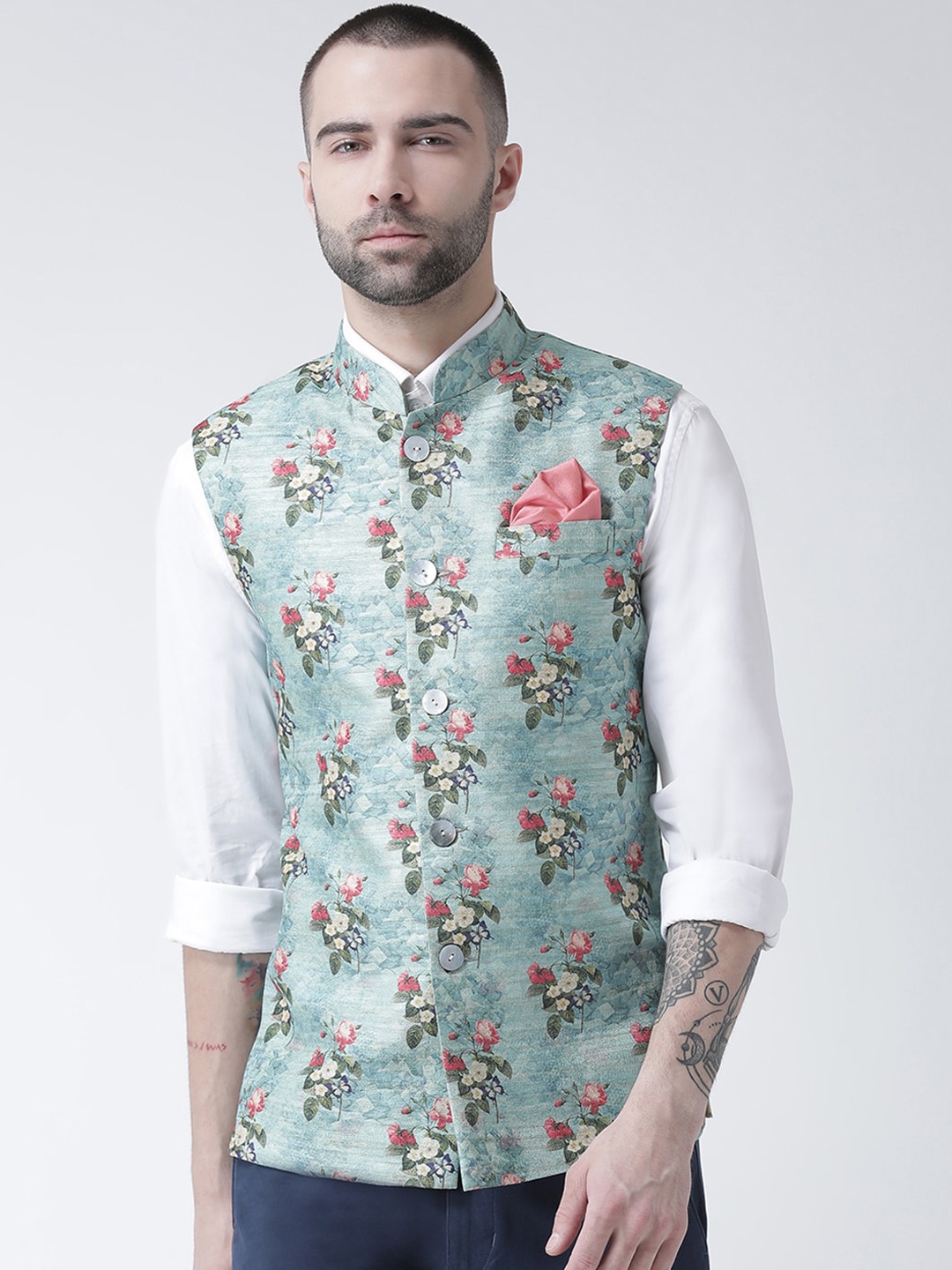 

KISAH Men Blue & Pink Floral Printed Nehru Jacket