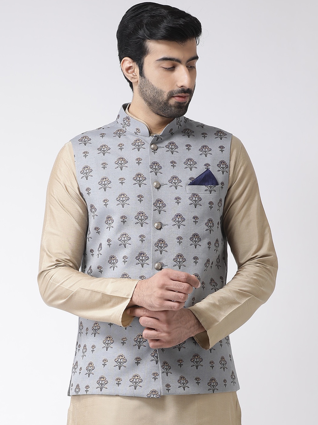

KISAH Men Grey & Beige Ethnic Motifs Printed Woven Nehru Jacket