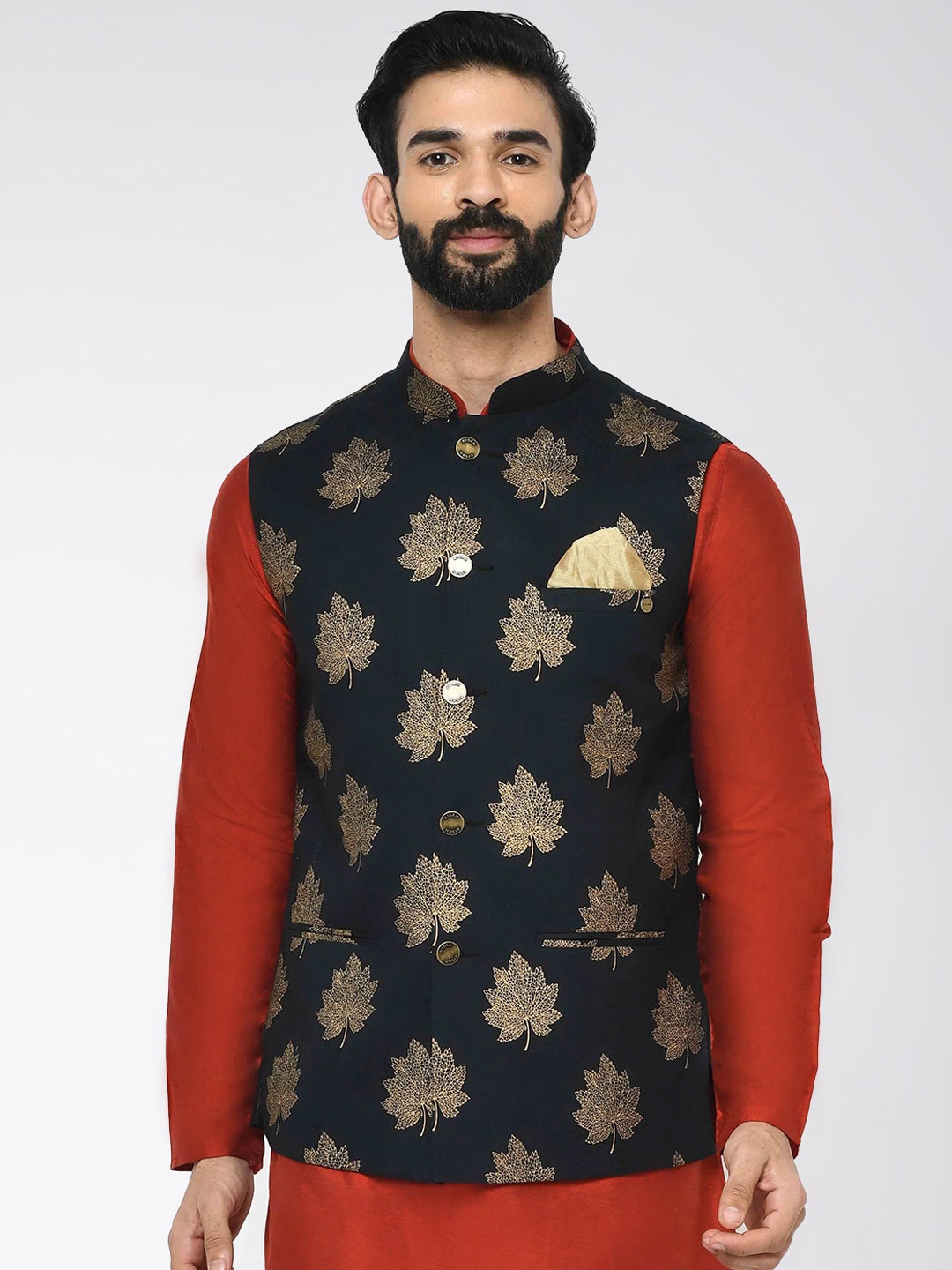 

KISAH Men Navy Blue & Gold Printed Woven Nehru Jacket