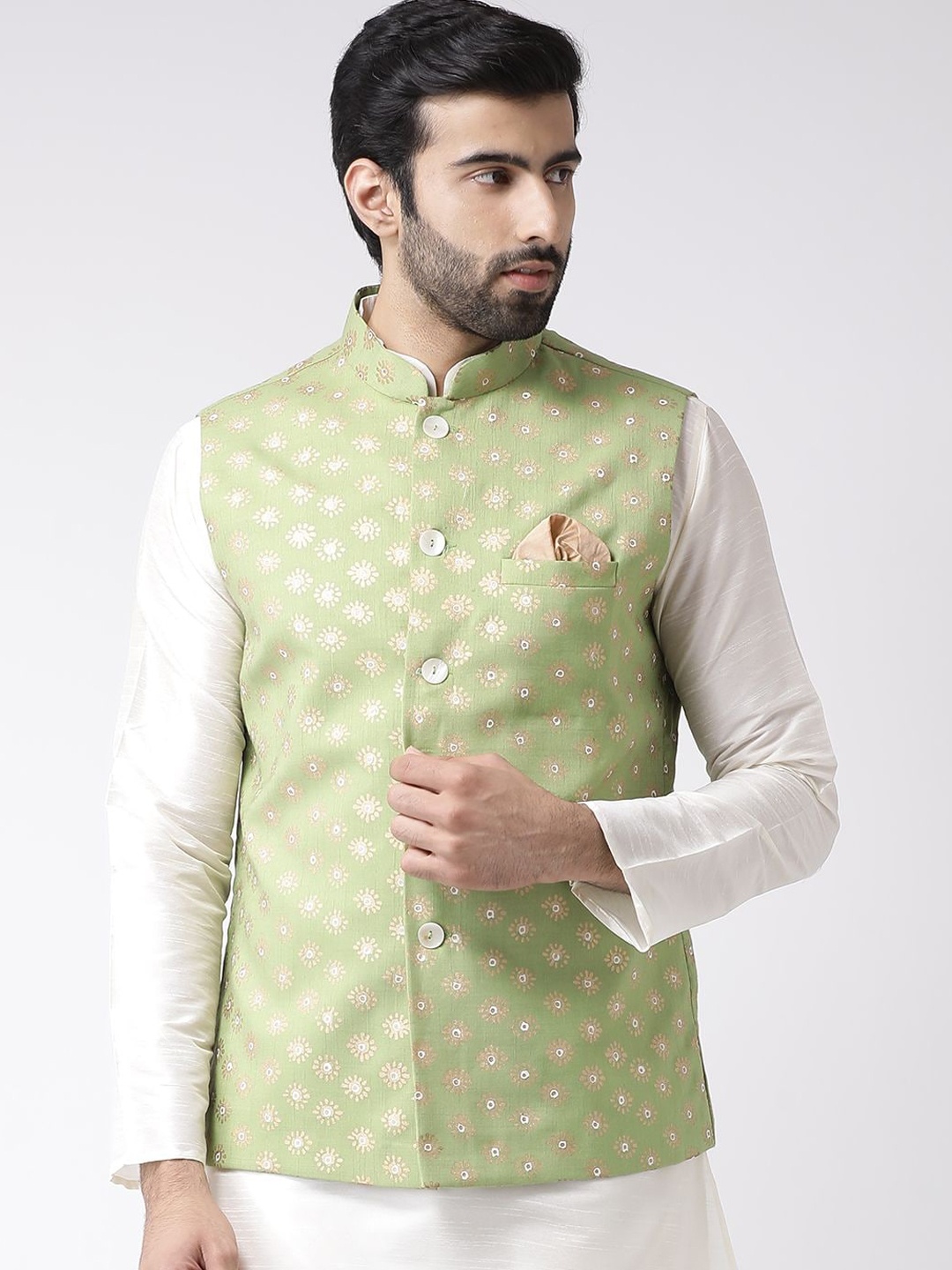 

KISAH Men Green & Gold-Coloured Printed Woven Nehru Jacket