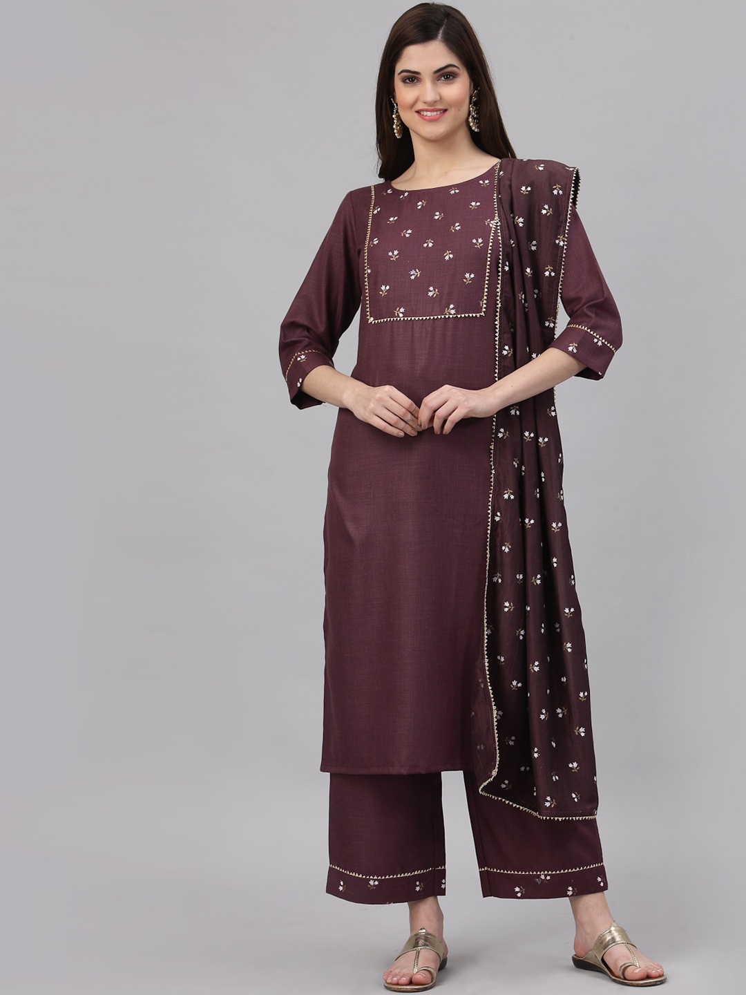 

SANISA Women Purple Floral Foil Printed Panelled Kurta with Palazzos & With Dupatta
