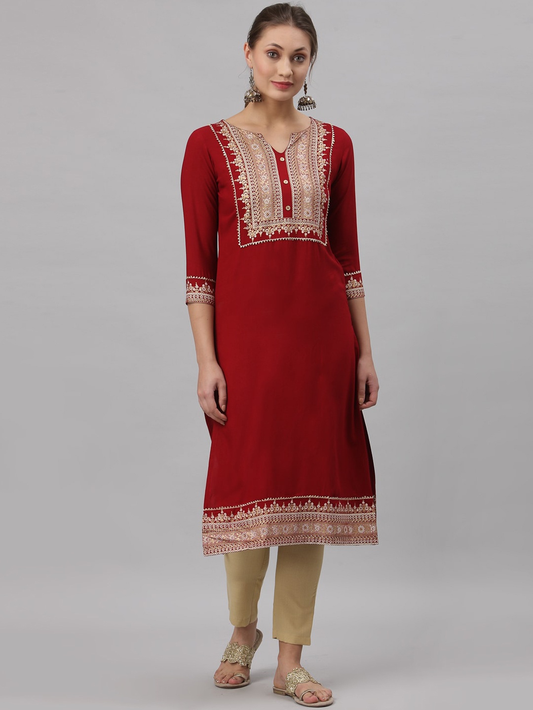 

SANISA Women Red & Gold-Toned Ethnic Motifs Yoke Design Thread Work Kurta