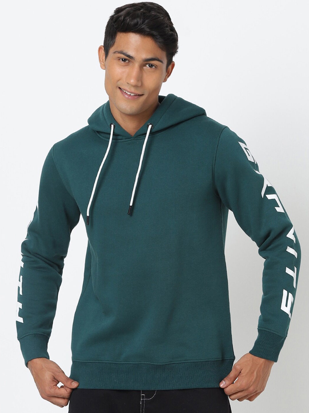 

Bewakoof Men Teal Blue & White Printed Hooded Sweatshirt
