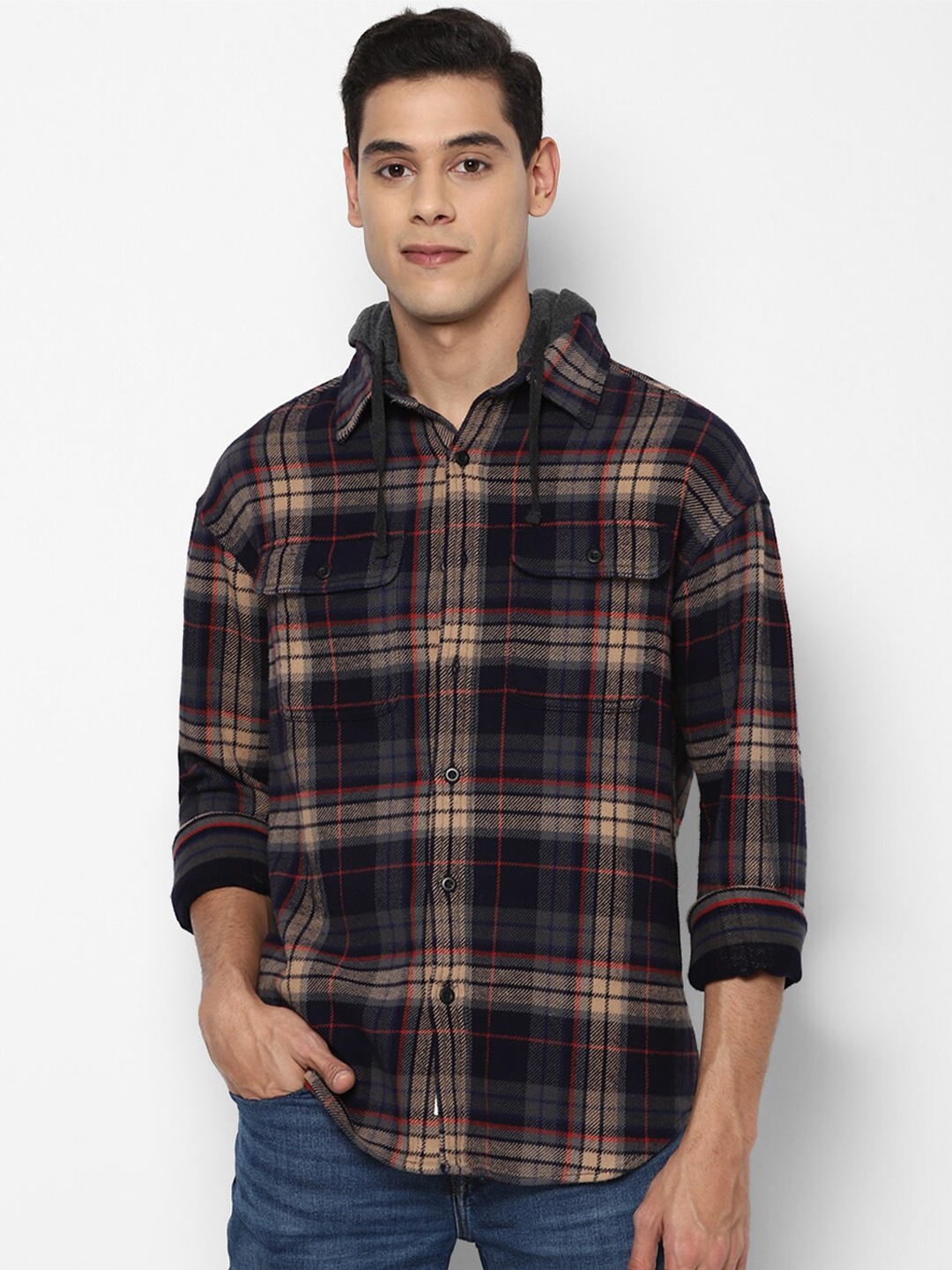 

AMERICAN EAGLE OUTFITTERS Men Black Tartan Checked Hooded Casual Shirt