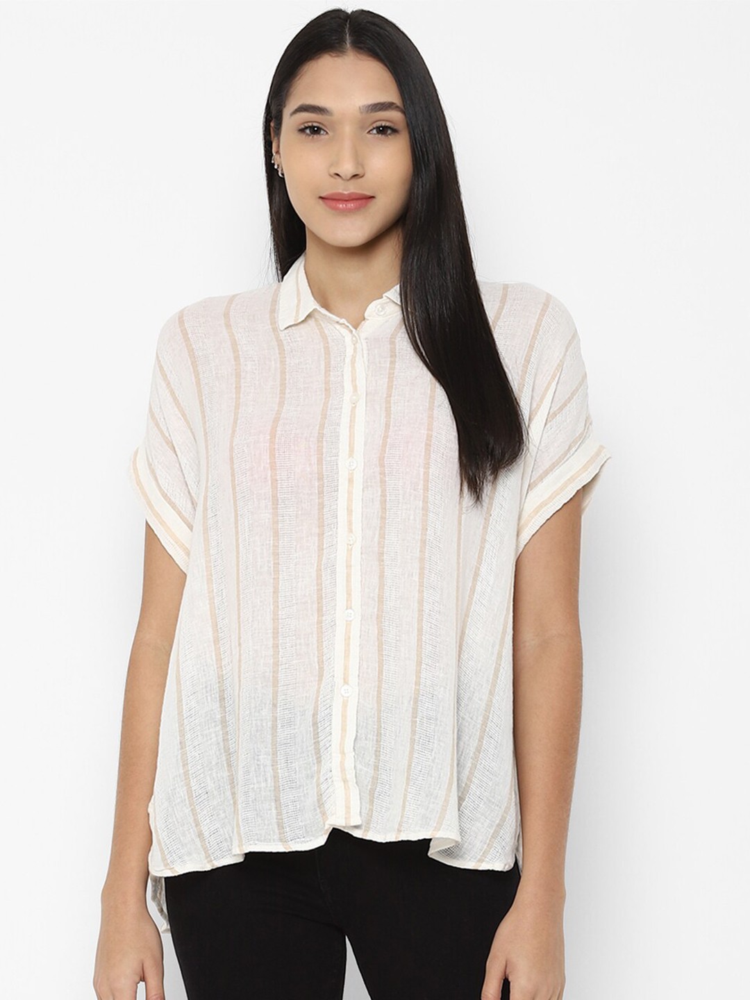 

AMERICAN EAGLE OUTFITTERS Women Off White & Yellow Striped Casual Shirt