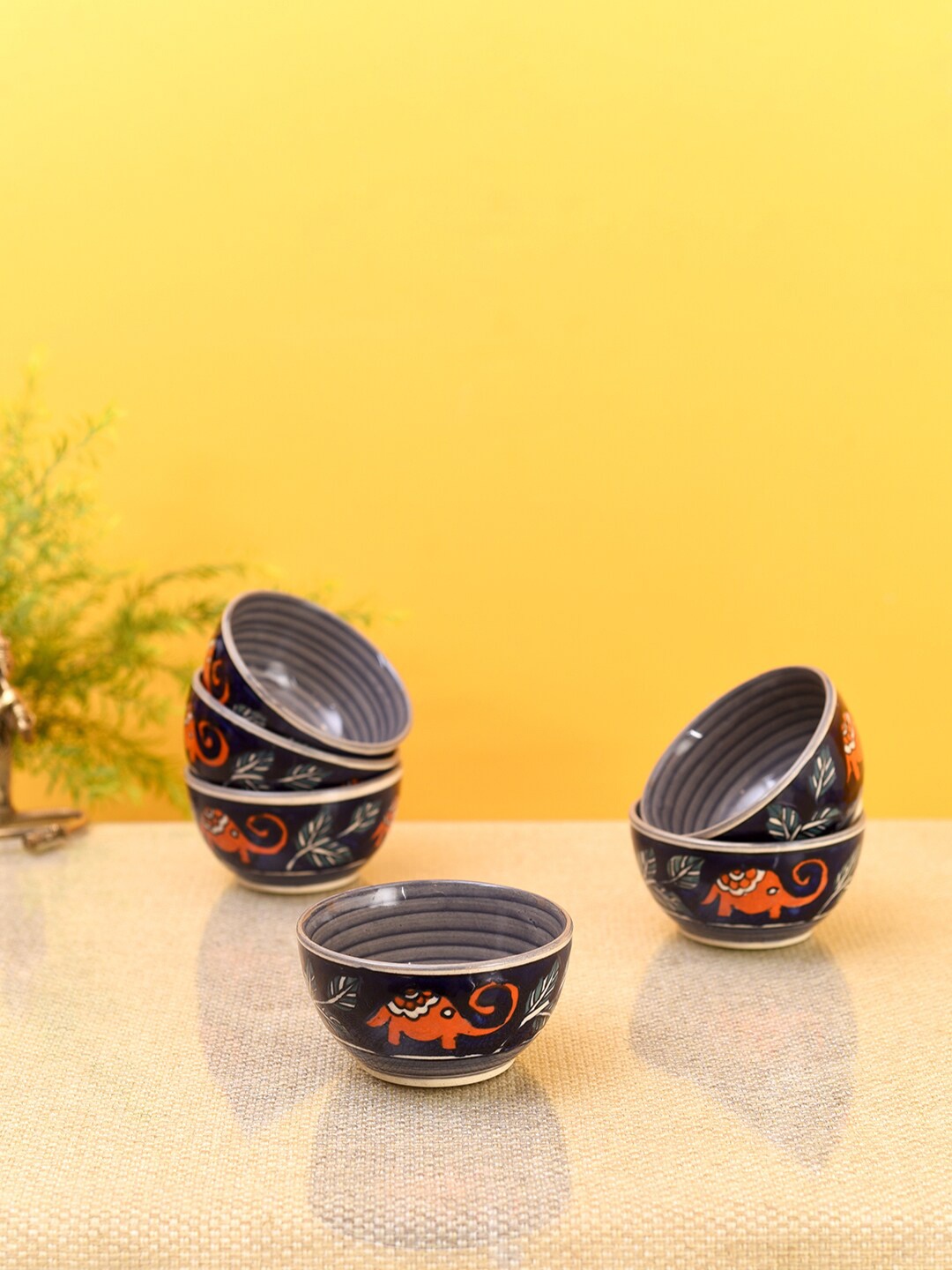 

AAKRITI ART CREATIONS Blue & Orange Printed Ceramic Matte 6 Cups and Saucers