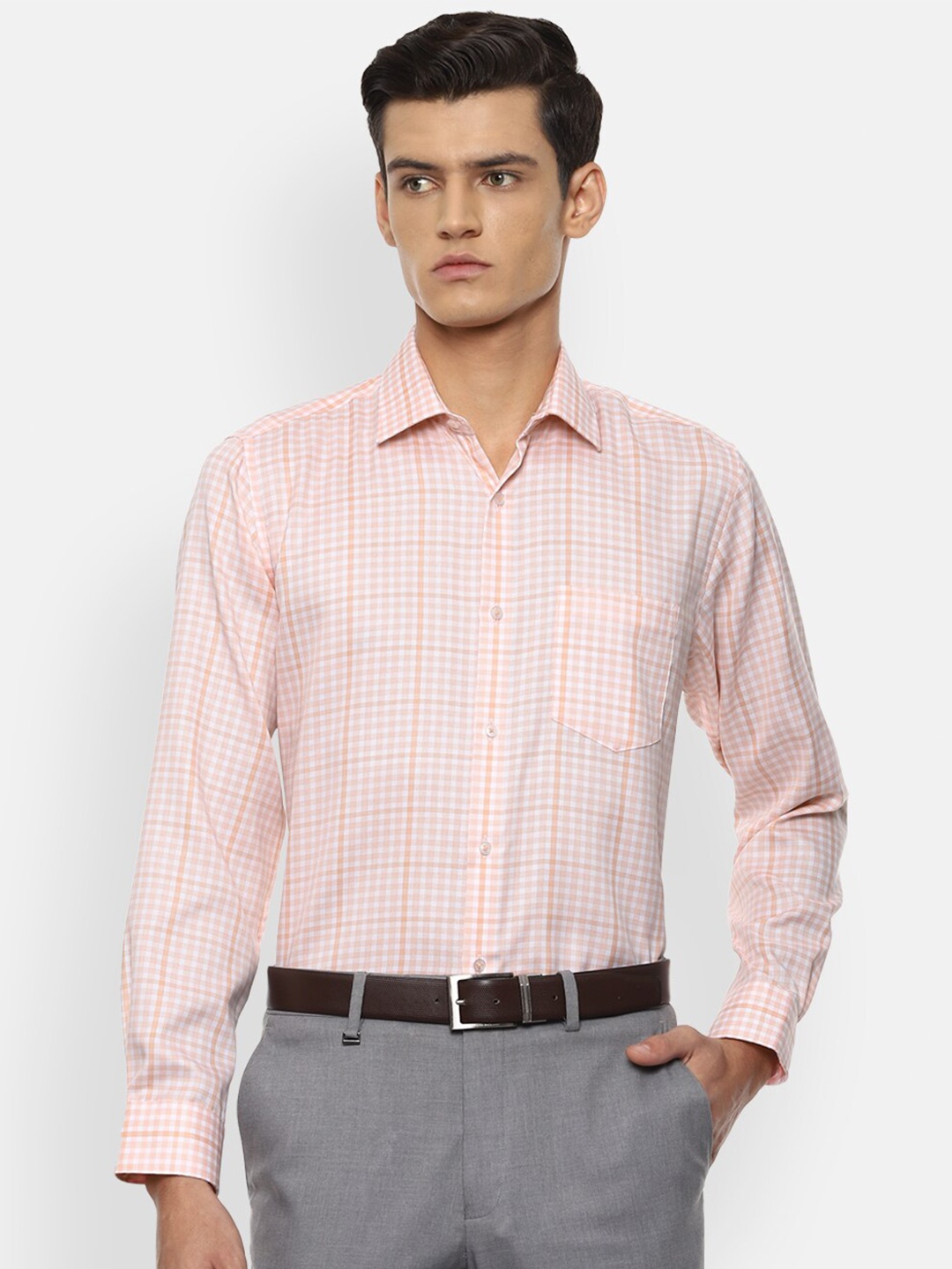 

Van Heusen Men Peach-Coloured Micro Checks Checked Formal Shirt