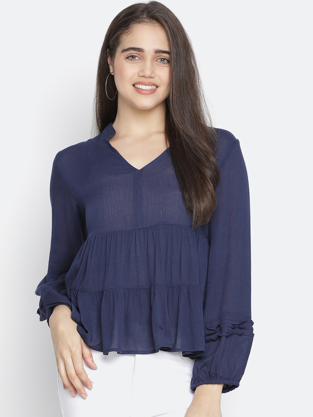 

Oxolloxo Blue Mandarin Collar Crepe Top