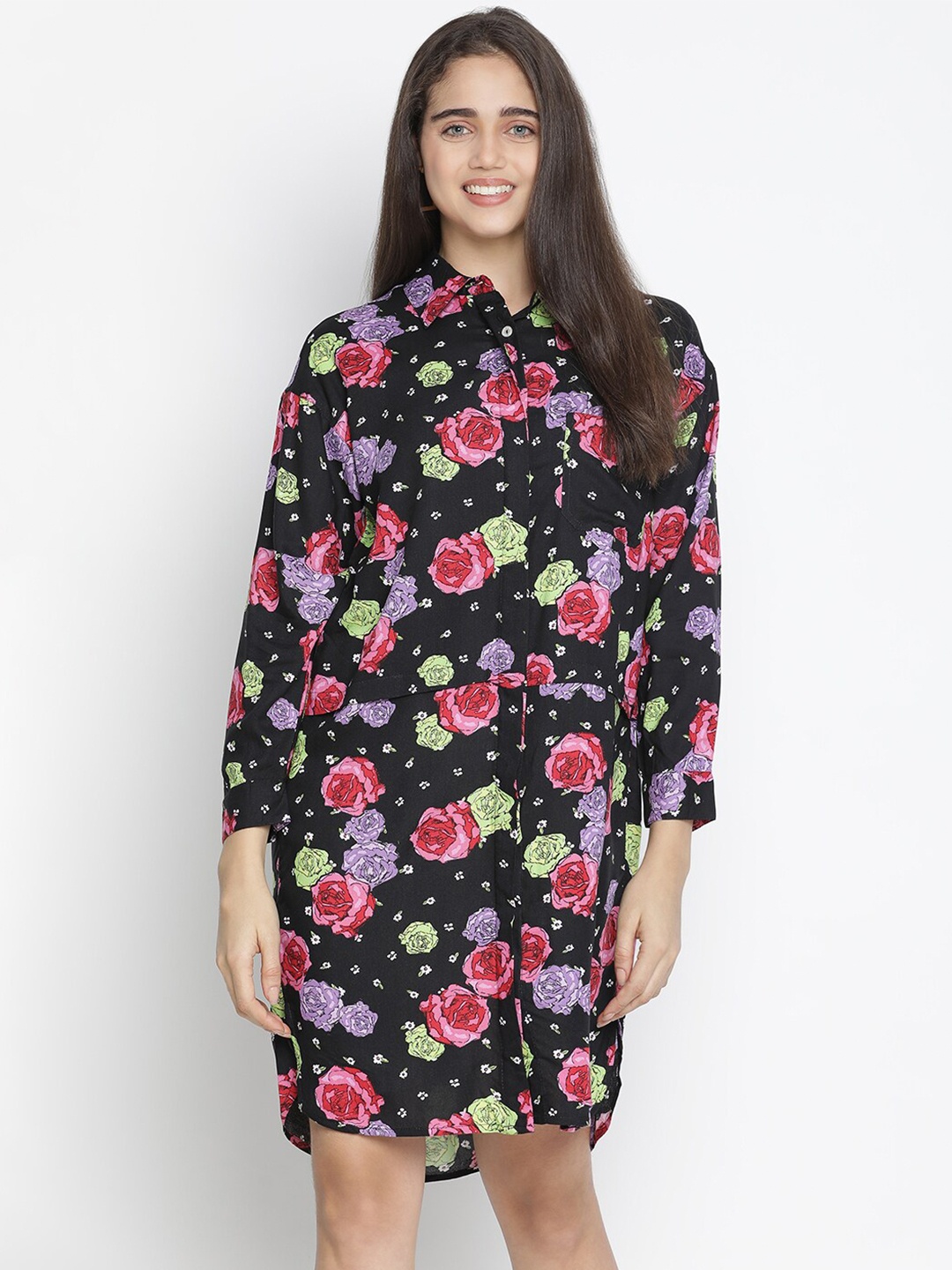 

Oxolloxo Women Black & Pink Floral Crepe Shirt Dress