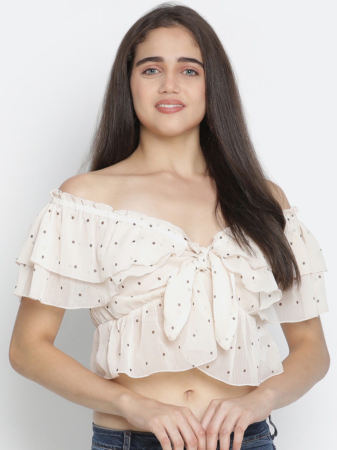 

Oxolloxo Nude-Coloured Print Off-Shoulder Bardot Crop Top