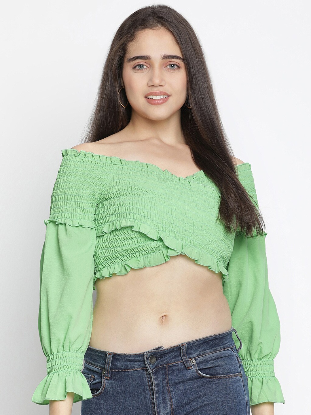 

Oxolloxo Green Off-Shoulder Bardot Crop Top