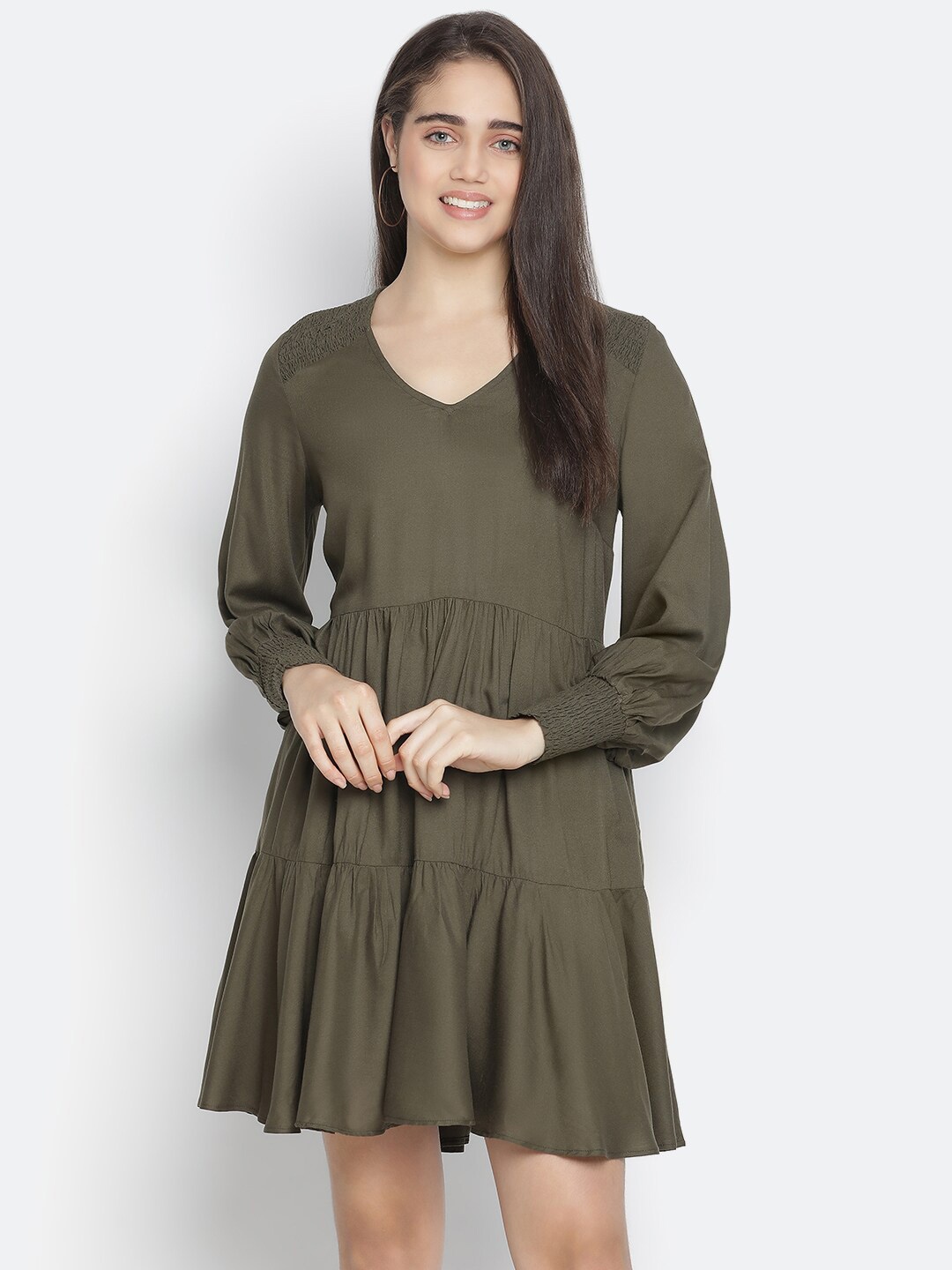 

Oxolloxo Khaki Bishop Sleeves Crepe A-Line Dress