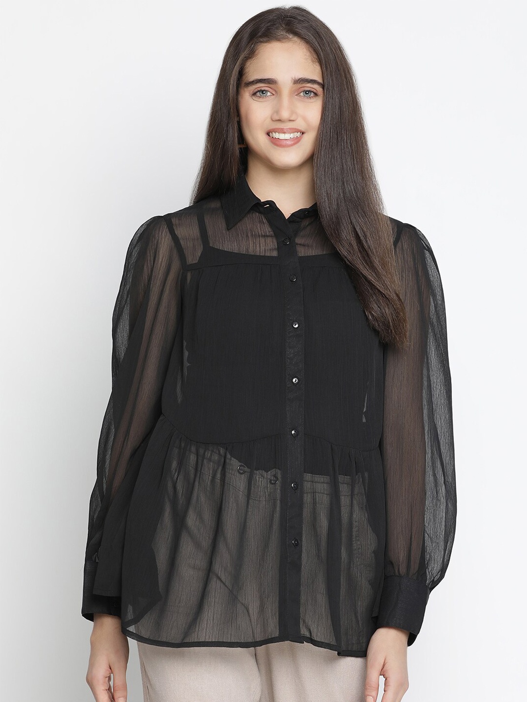 

Oxolloxo Women Black Sheer Casual Shirt