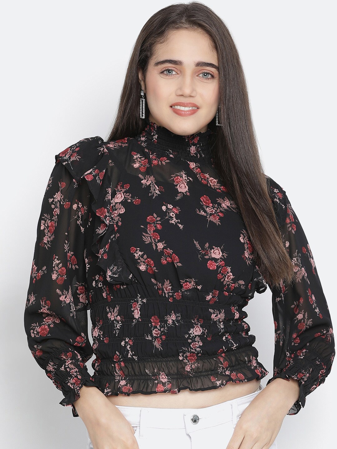 

Oxolloxo Black Floral Print Cinched Waist Top