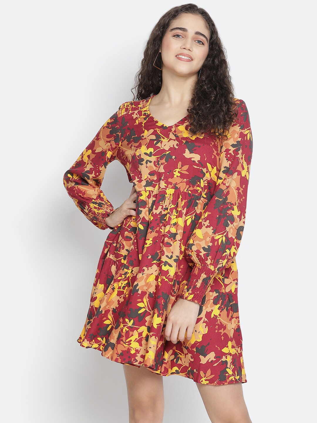 

Oxolloxo Red & Yellow Floral Crepe A-Line Dress