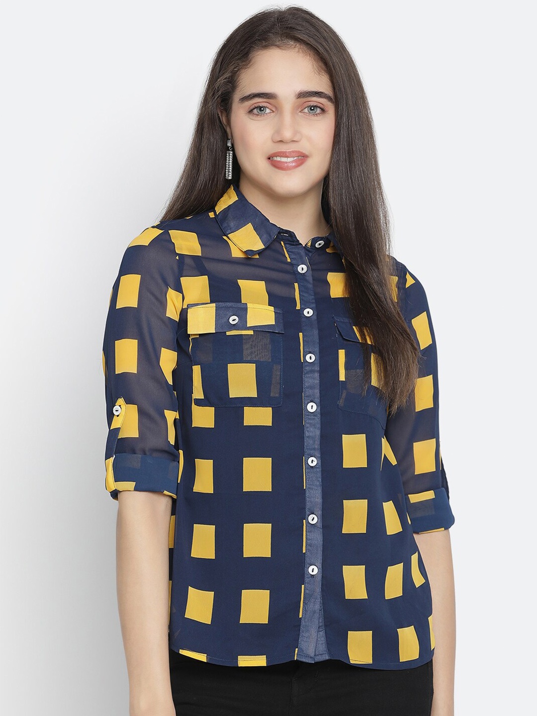 

Oxolloxo Women Navy Blue Printed Casual Shirt
