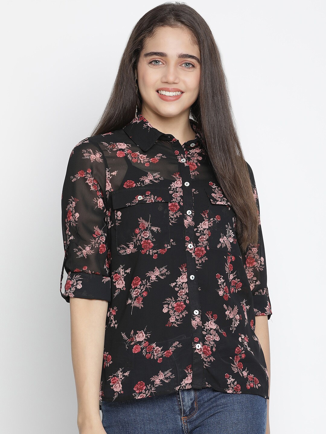 

Oxolloxo Women Black Floral Printed Casual Shirt