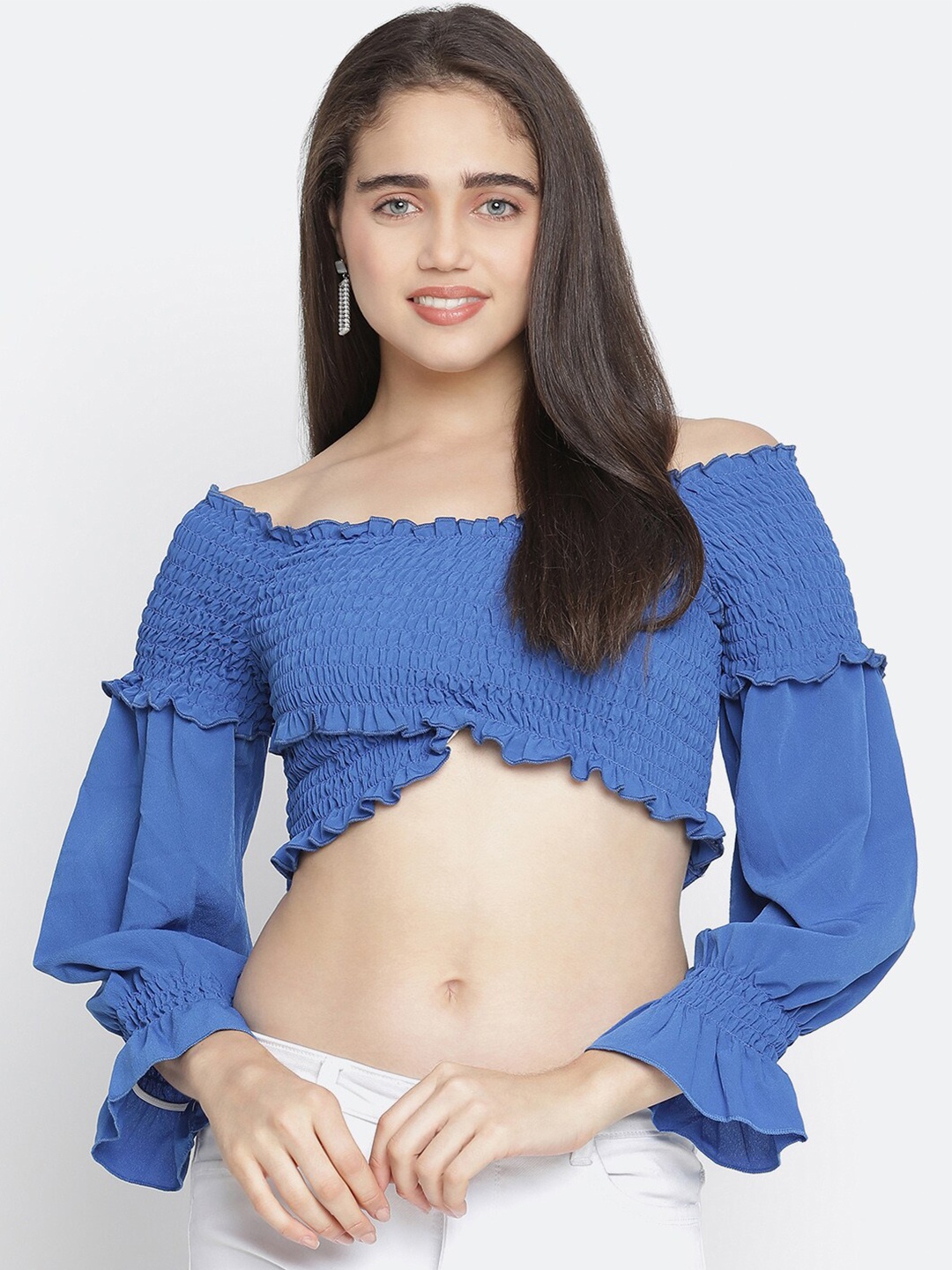 

Oxolloxo Blue Off-Shoulder Smocked Bardot Crop Top