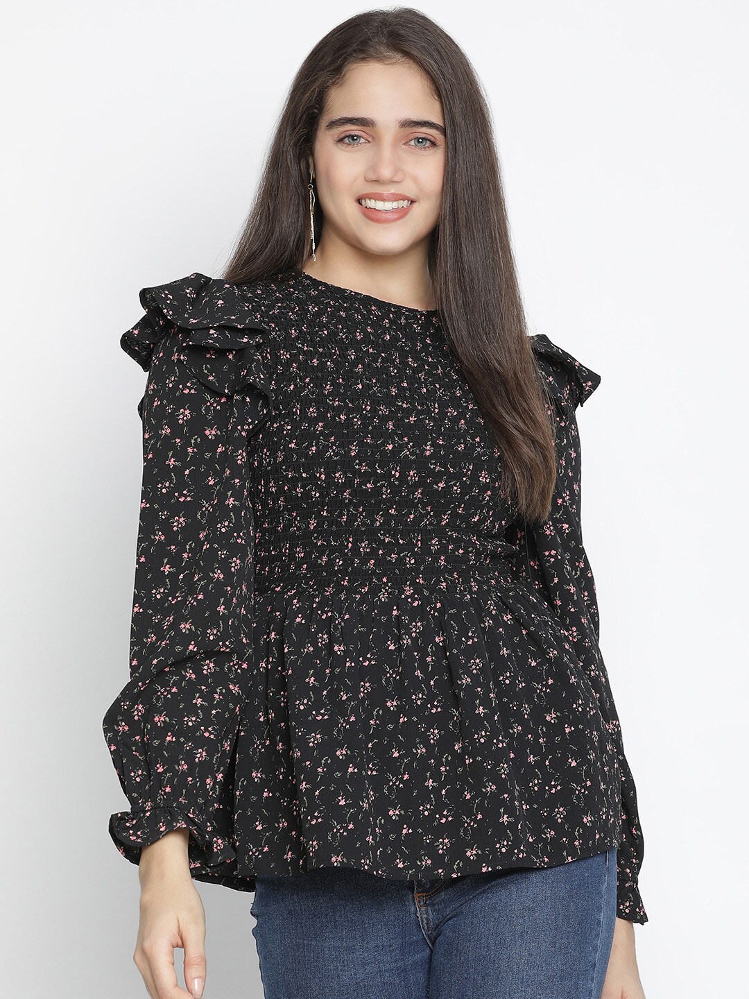 

Oxolloxo Black Floral Print Ruffles Top