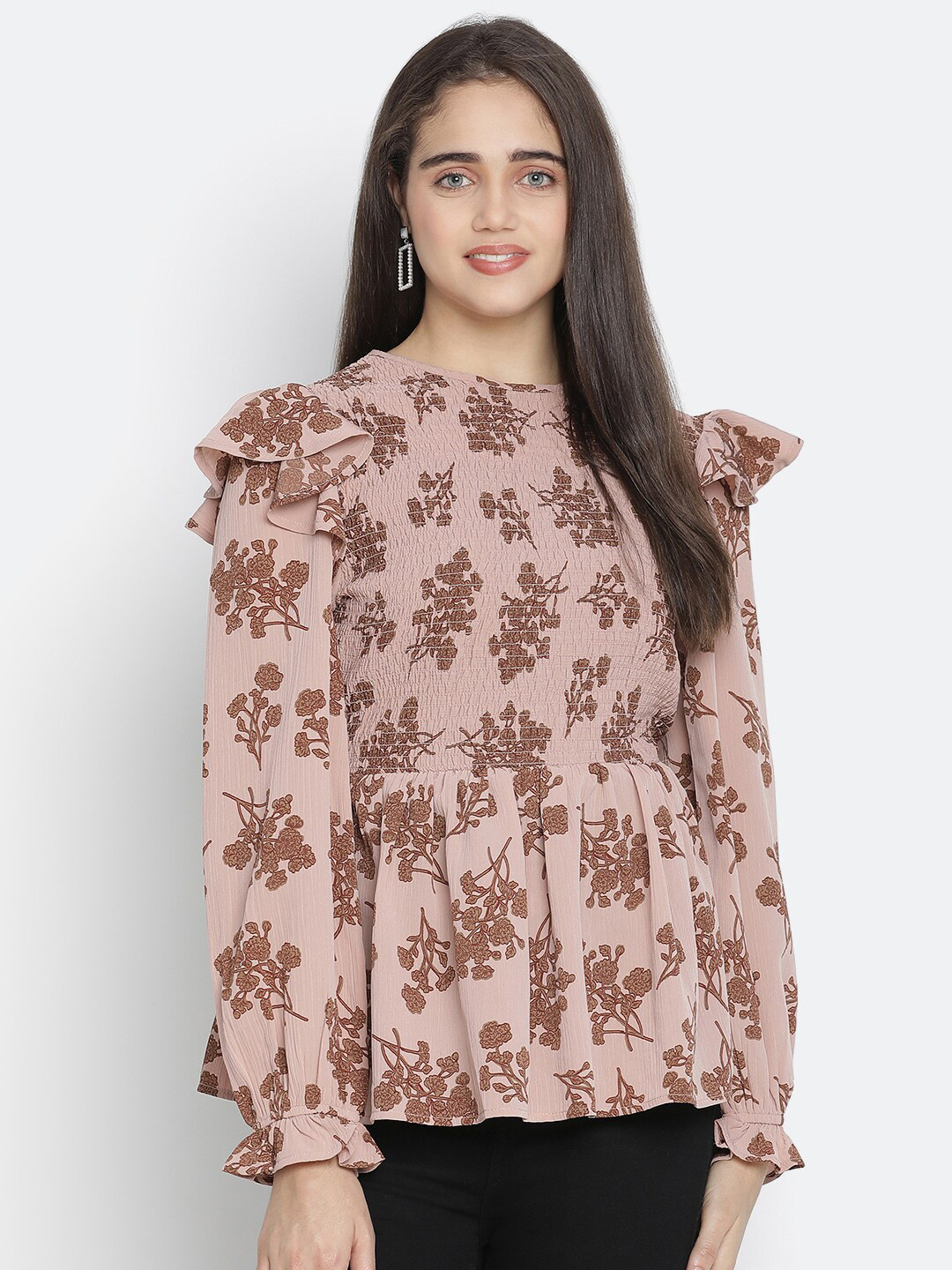 

Oxolloxo Brown Floral Print Peplum Top