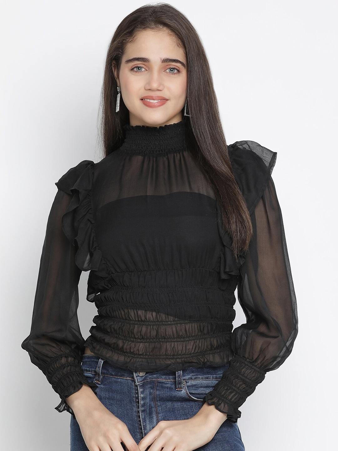 

Oxolloxo Black Bishop Sleeves Ruffles Cinched Waist Top