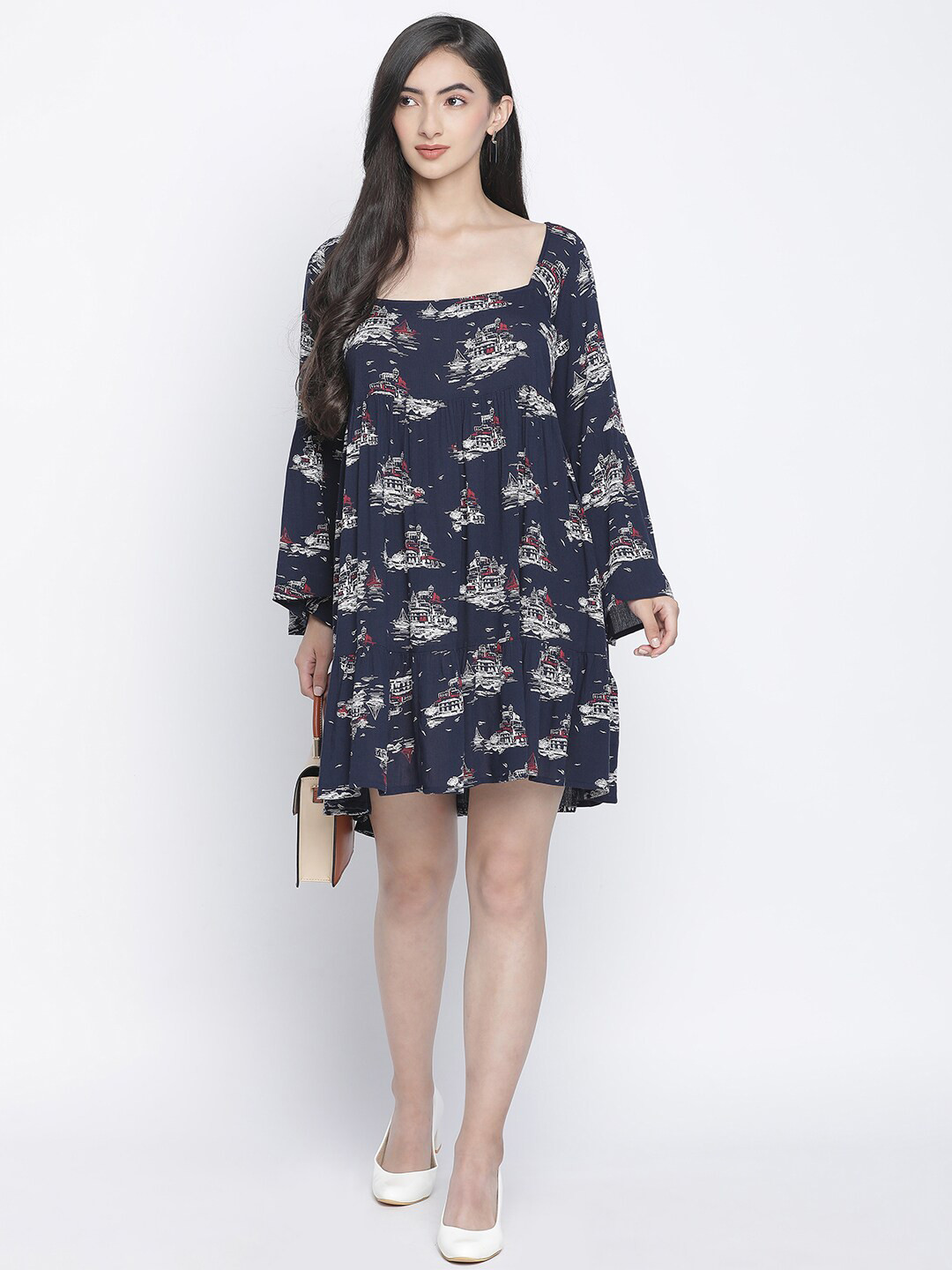 

Oxolloxo Navy Blue Crepe A-Line Dress