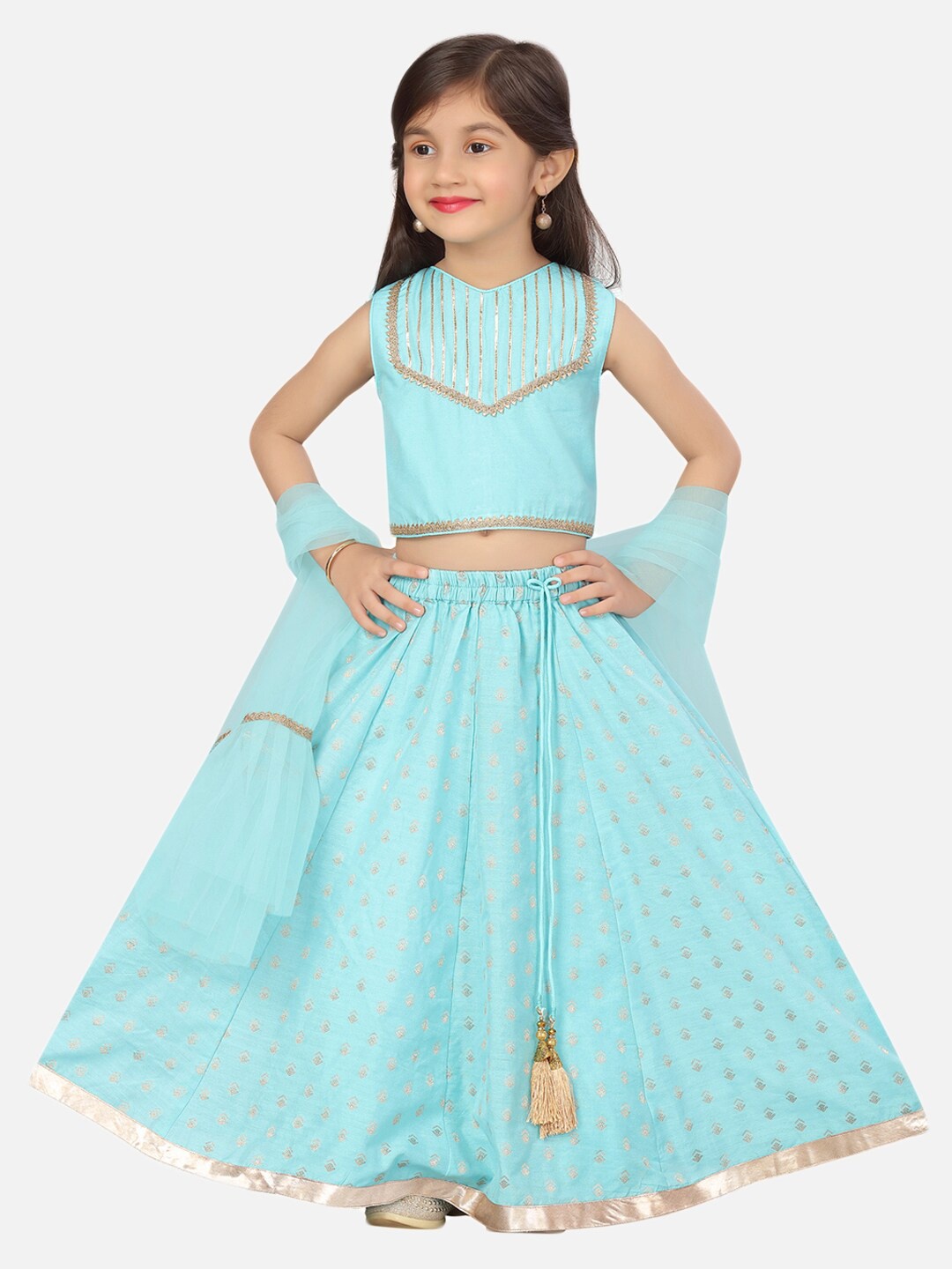 

SALWAR STUDIO Girls Blue & Gold Woven Design Ready To Wear Lehenga Choli with Dupatta