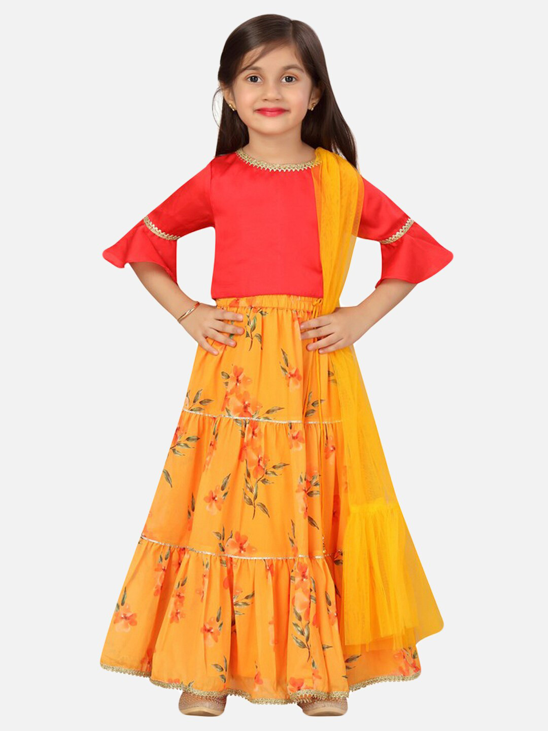 

SALWAR STUDIO Girls Red & Yellow Ready to Wear Lehenga & Blouse With Dupatta