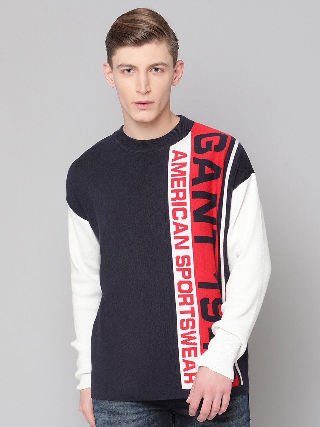 

GANT Men Navy Blue & Red Typography Printed Pullover