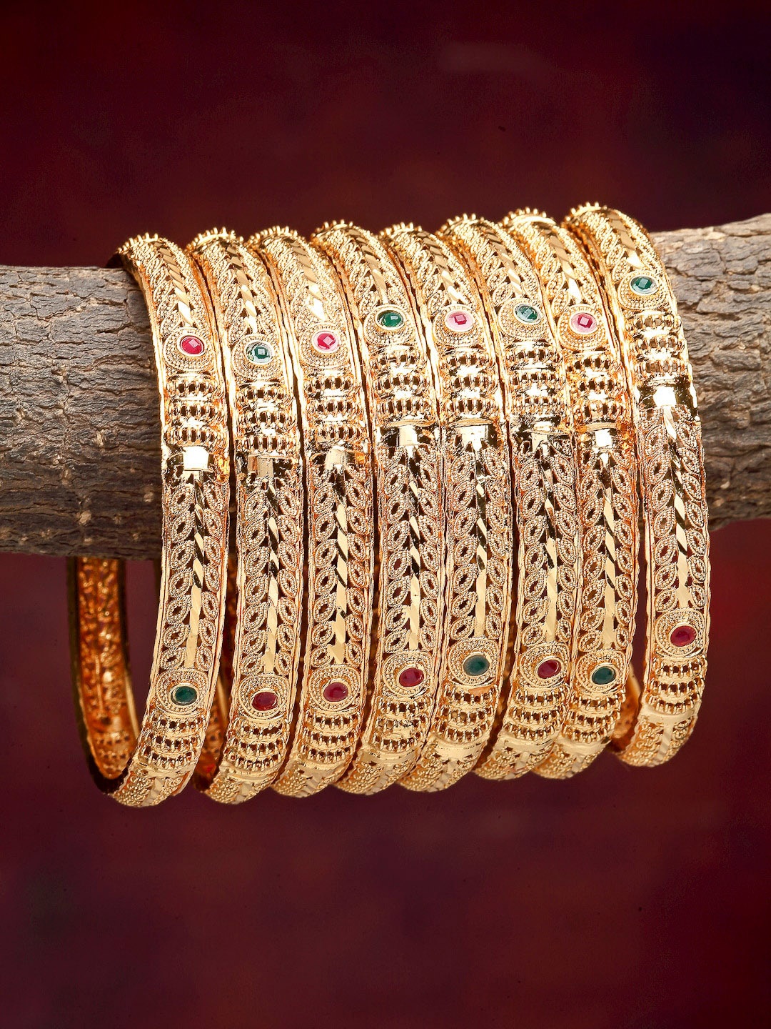 

ZENEME Set Of 8 Gold-Plated & Red Stones-Studded Meenakari Bangles