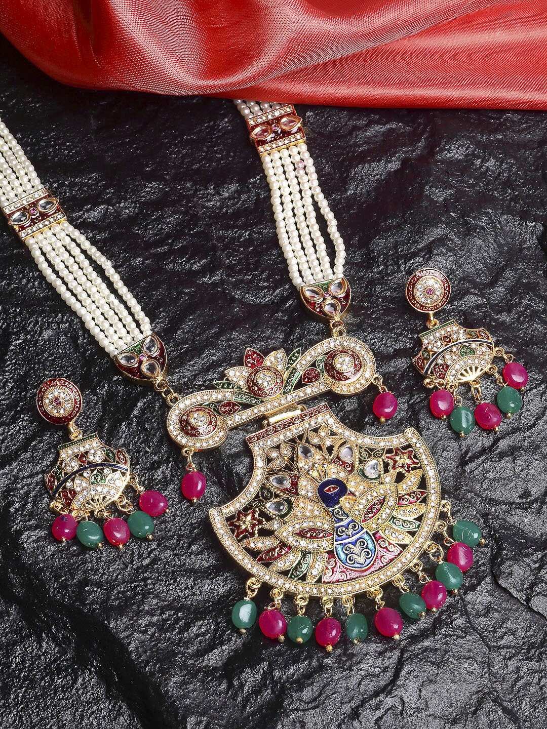 

ZENEME Gold-Plated Red & White Kundan-Studded & Pearl Beaded Meenakari Jewellery Set
