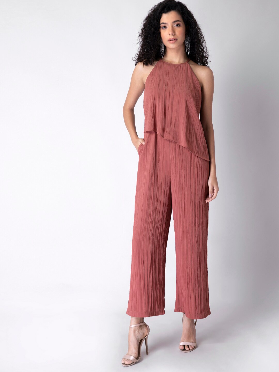 

FabAlley Pink Halter Neck Asymmetric Layered Jumpsuit