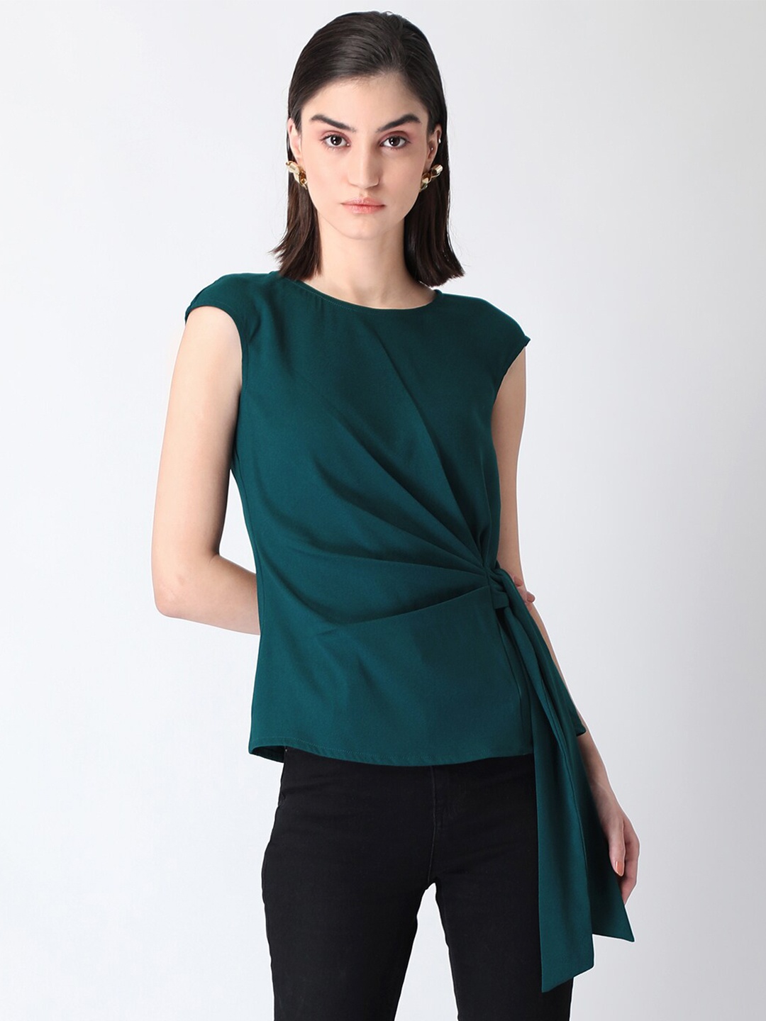 

FabAlley Green Twisted Side Tie Crepe Top