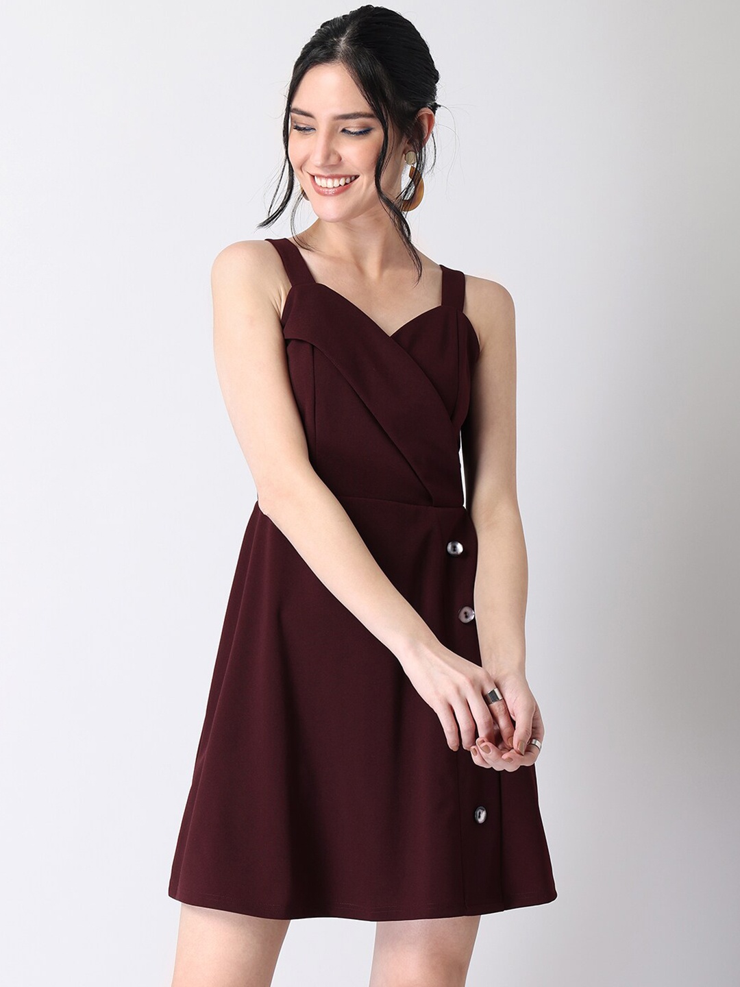 

FabAlley Maroon Strappy Front Button Mini Dress