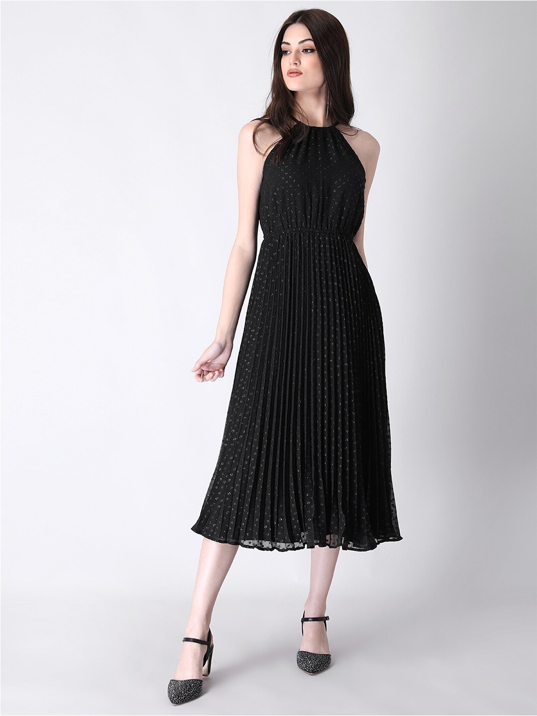 

FabAlley Black Georgette Ethnic Self Design Pleated Halter Maxi Dress