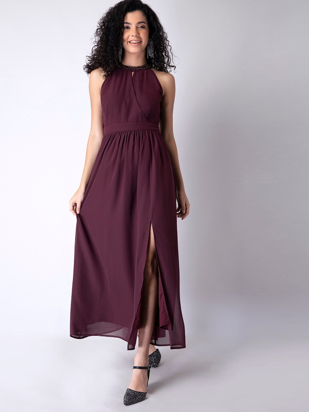 

FabAlley Women Purple Embellished Halter Neck Georgette Maxi Dress
