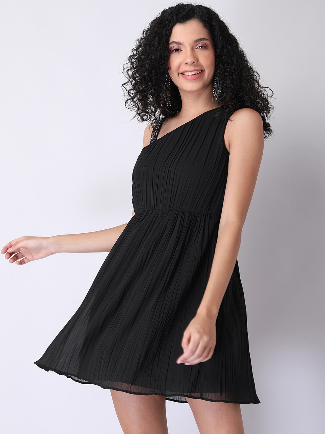 

FabAlley Black Checked Georgette Ethnic Mini Dress