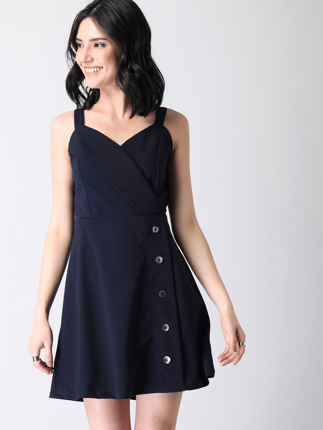 

FabAlley Navy Blue Strappy Front Button Mini Dress