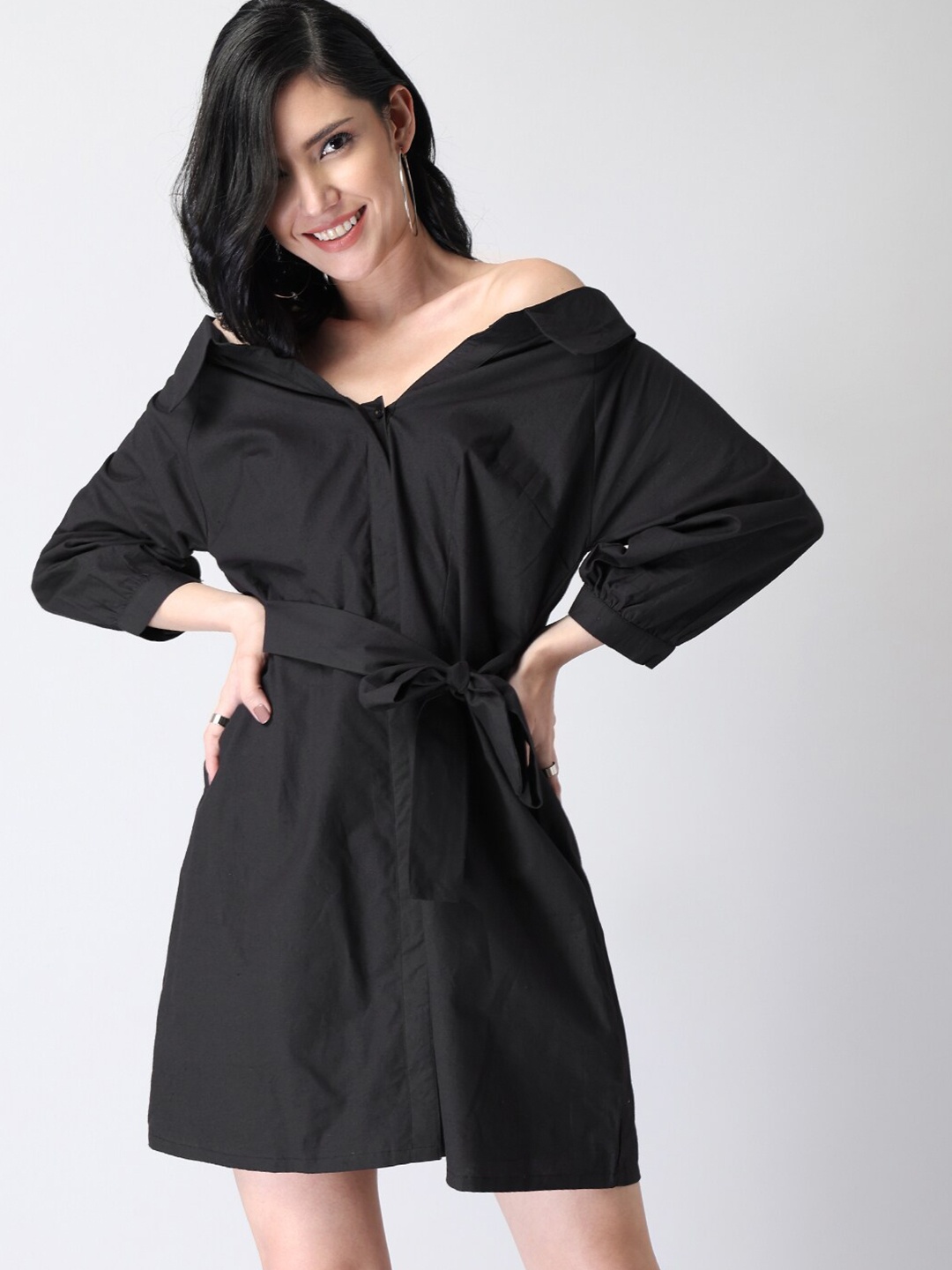 

FabAlley Black Belted A-Line Dress