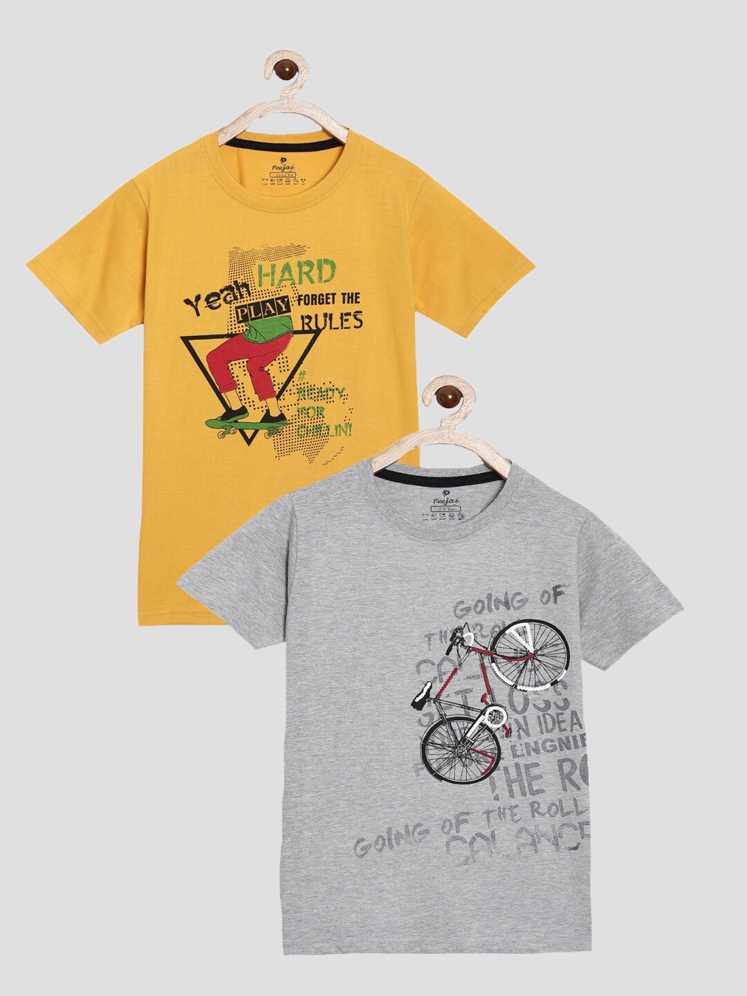 

Peejas Boys Mustard Yellow & Grey Pack of 2 Printed Pure Cotton T-shirt