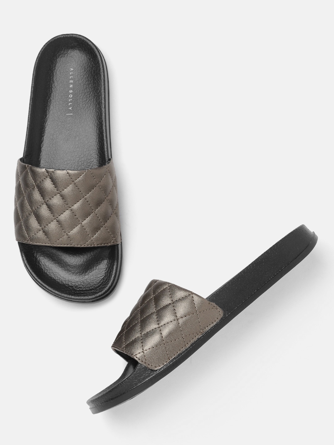 

Allen Solly Women Gunmetal-Toned Quilted Open Toe Flats, Metallic