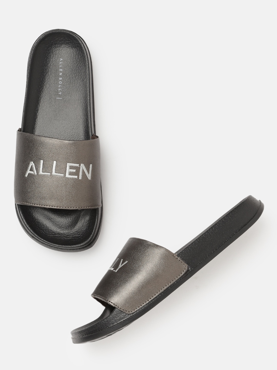 

Allen Solly Women Gunmetal-Toned & Off-White Brand Logo Embroidered Open Toe Flats, Metallic