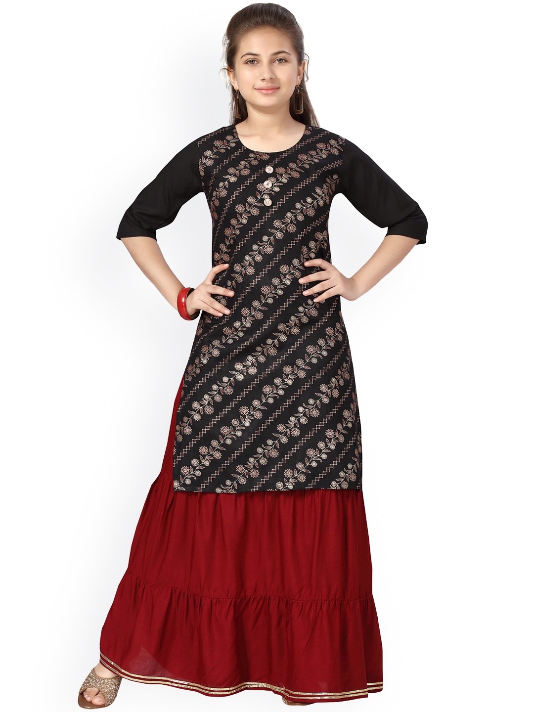 

Aarika Girls Black Floral Printed Layered Pure Cotton Kurti with Sharara