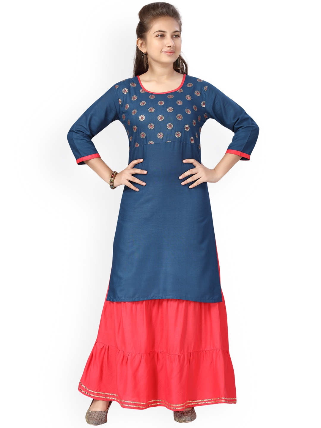 

Aarika Girls Blue Ethnic Motifs Yoke Design Pure Cotton Kurta with Sharara