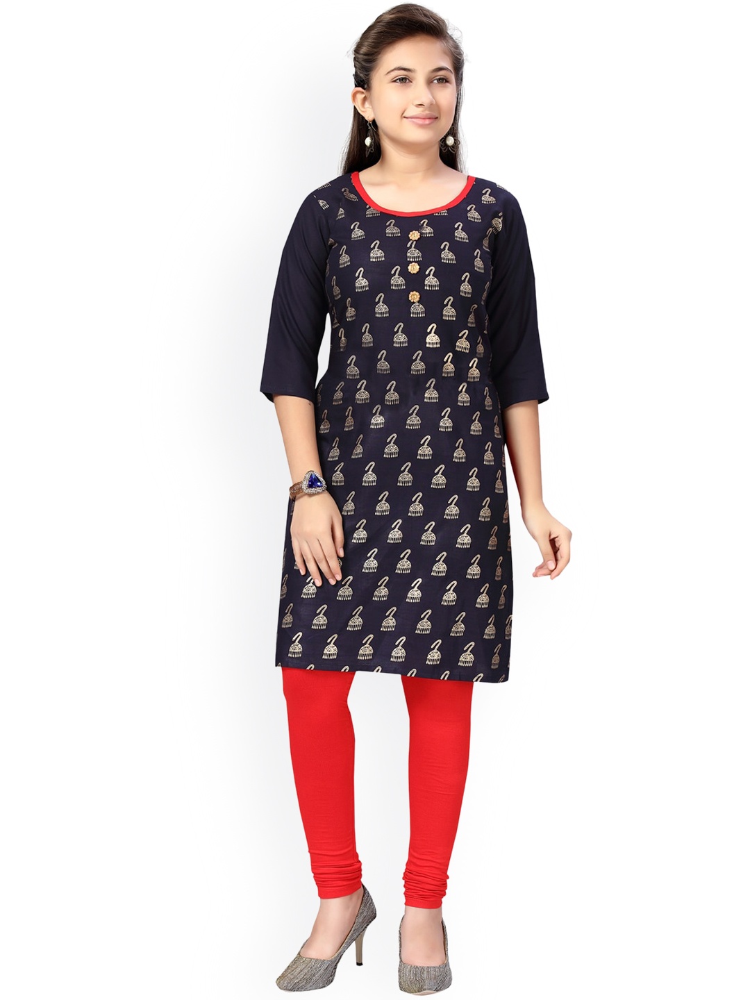 

Aarika Girls Navy Blue & Red Ethnic Motifs Pure Cotton Kurta With Churidar