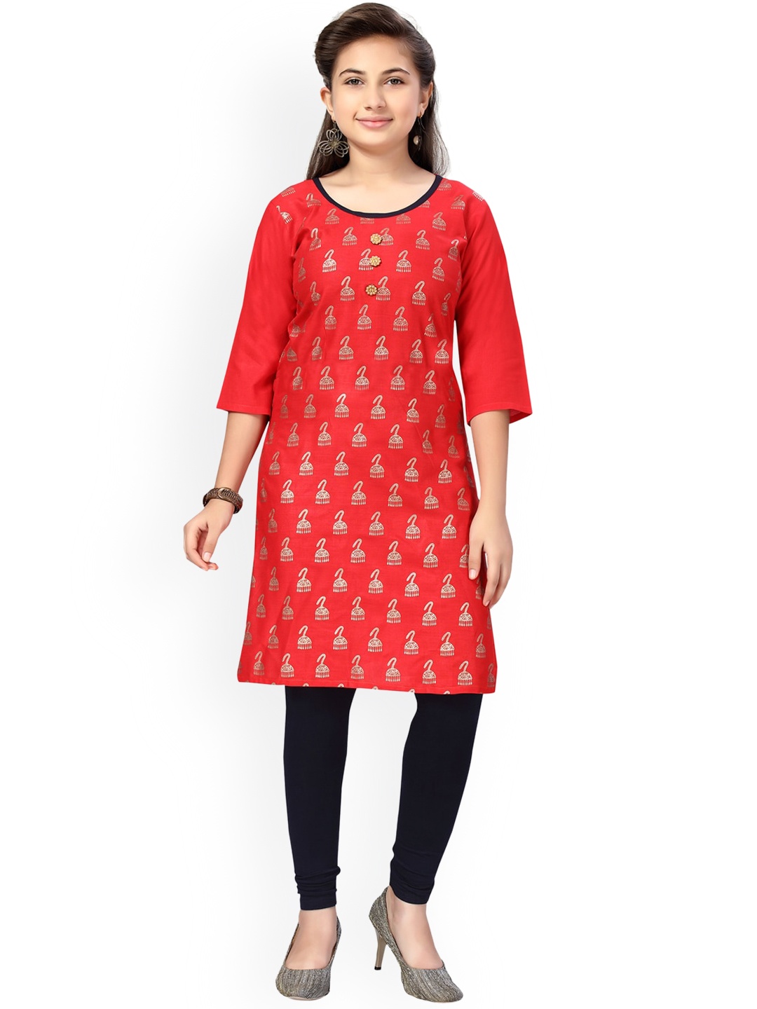 

Aarika Girls Red & Gold-Toned Ethnic Motifs Printed Pure Cotton Kurta