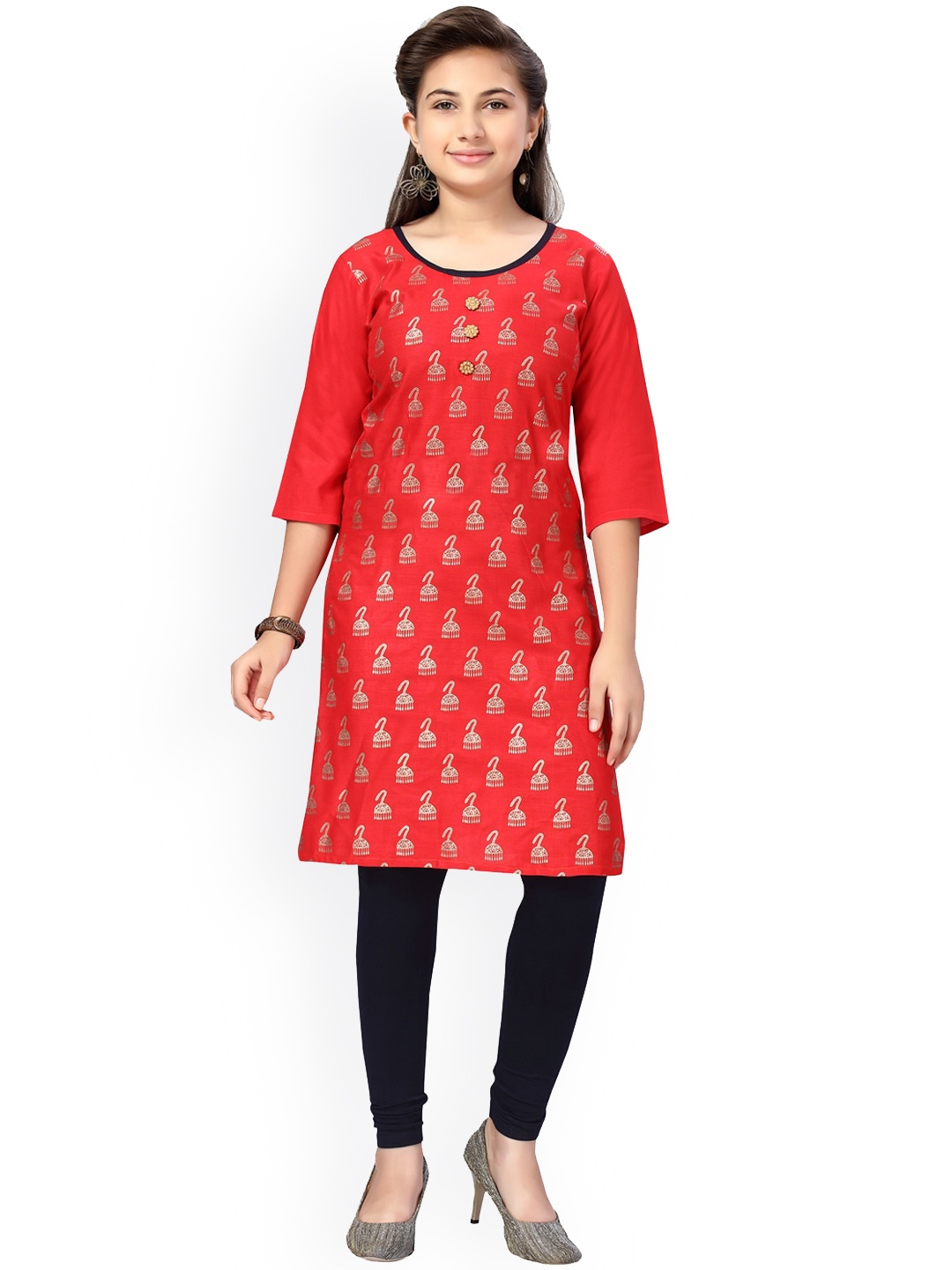 

Aarika Girls Red Pure Cotton Ethnic Motifs Printed Pure Cotton Kurta with Churidar