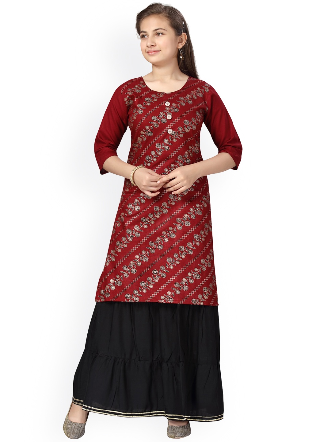 

Aarika Girls Maroon & Black Floral Printed Pure Cotton Kurta with Skirt