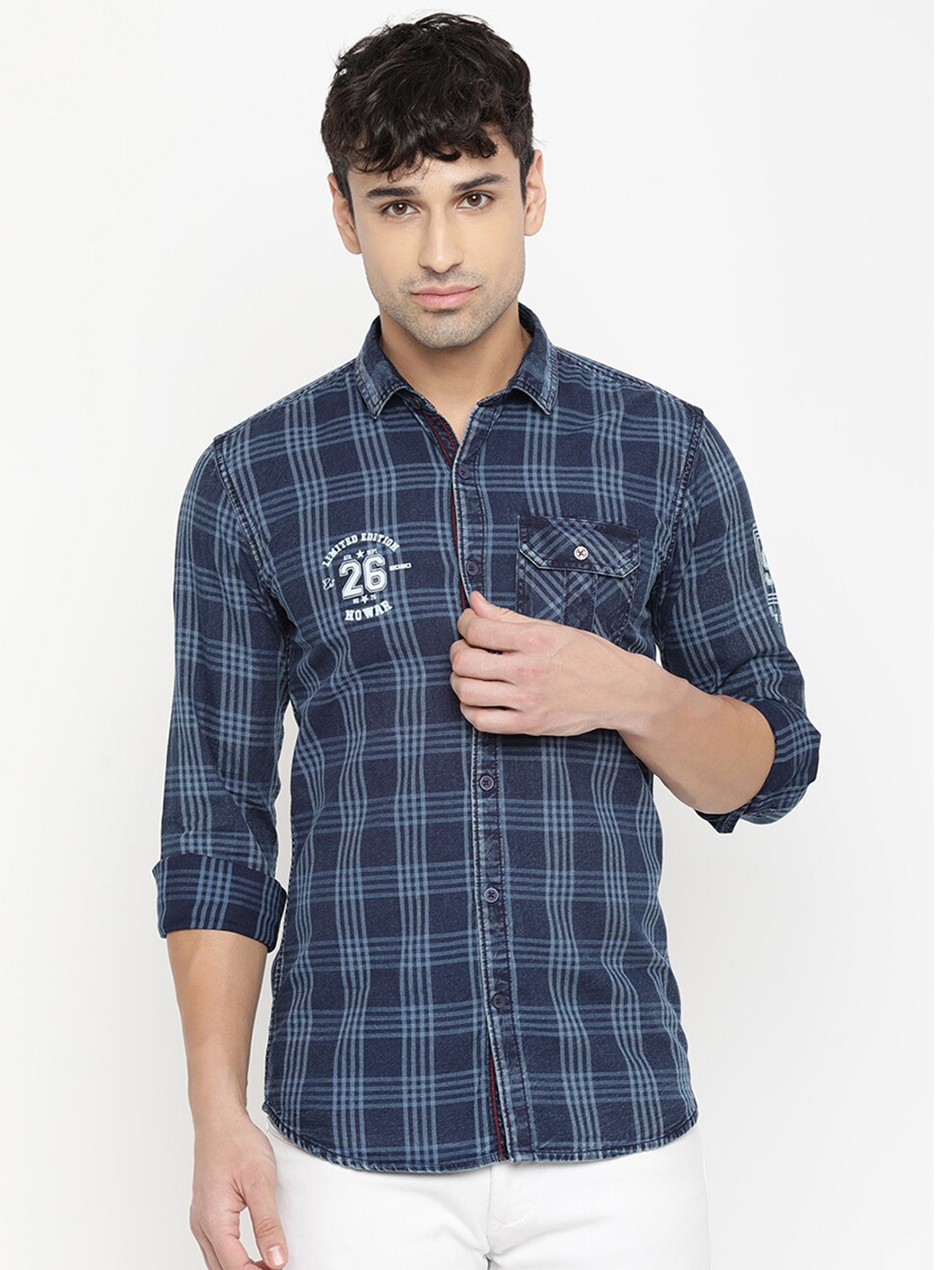 

V2 Value & Variety Men Navy Blue Tartan Checks Checked Casual Shirt